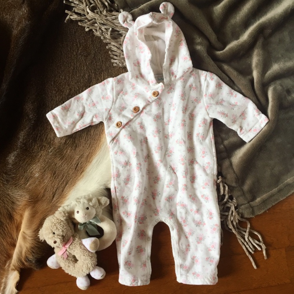 Feather Baby Fleece Hooded Romper in Pink Acorn